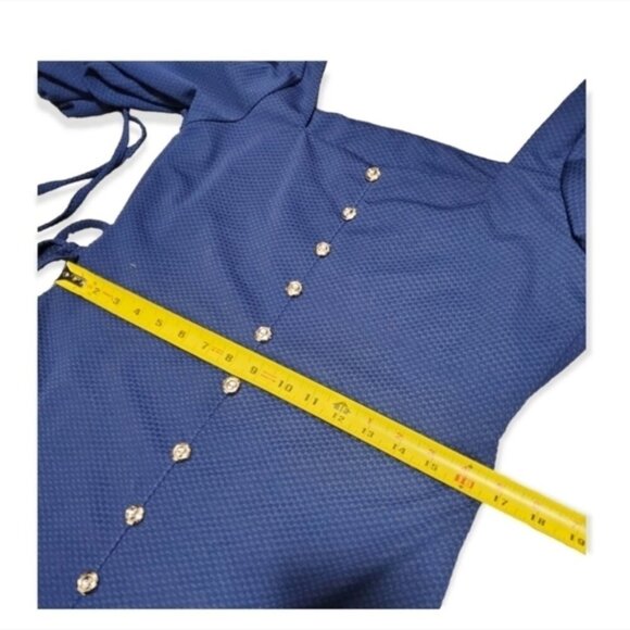 Gold button accent Blue Navy Printed dress - Picture 6 of 7